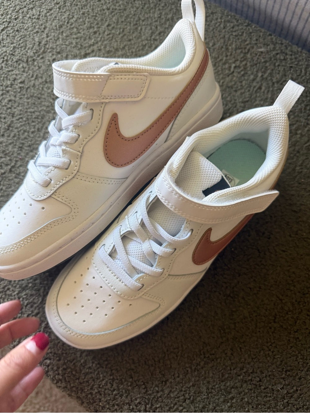 Nike Kids White Sneakers with Rose Gold Swoosh